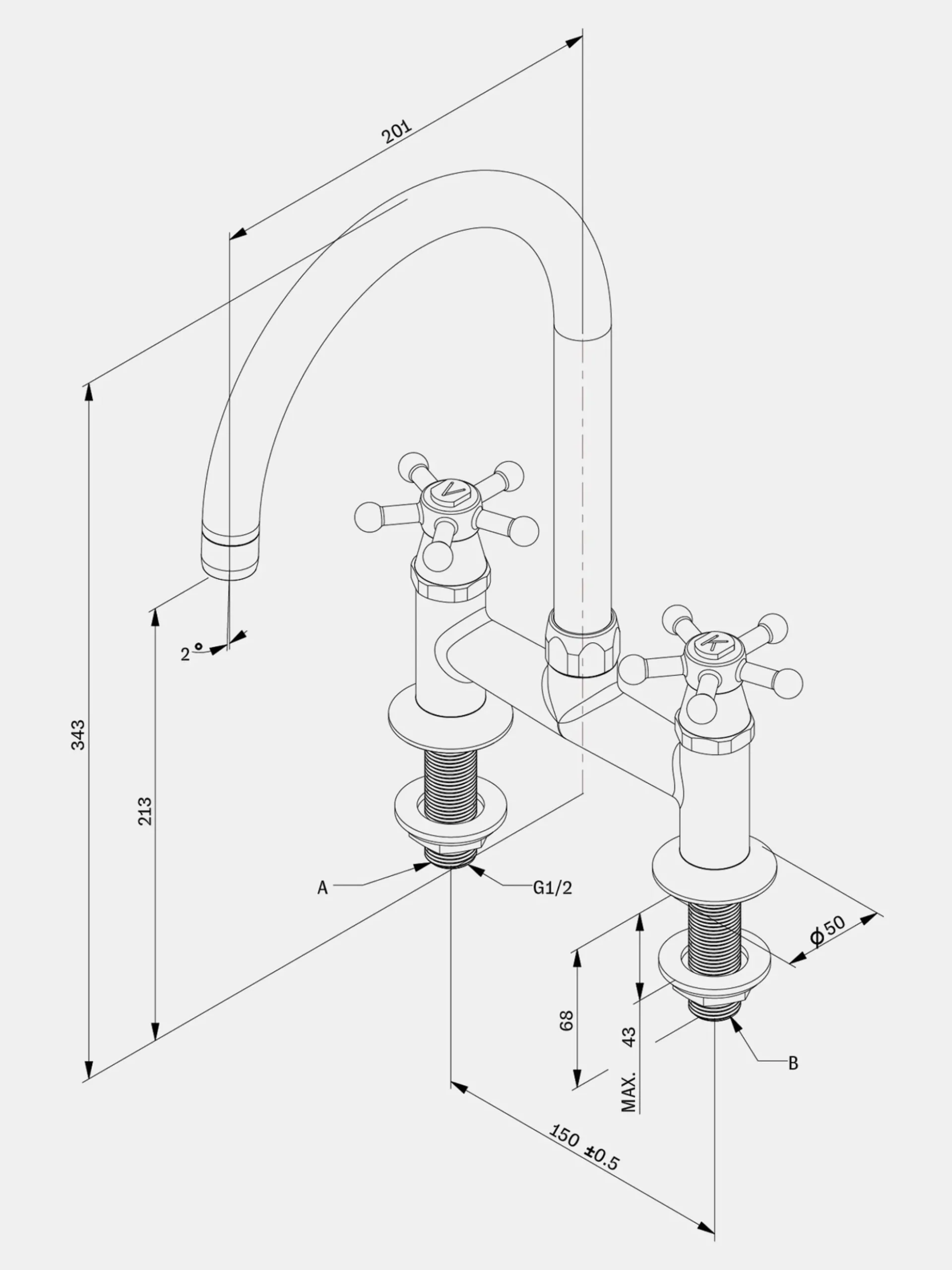 Christiansborg Tap Ø200 - 2-hole - Brass